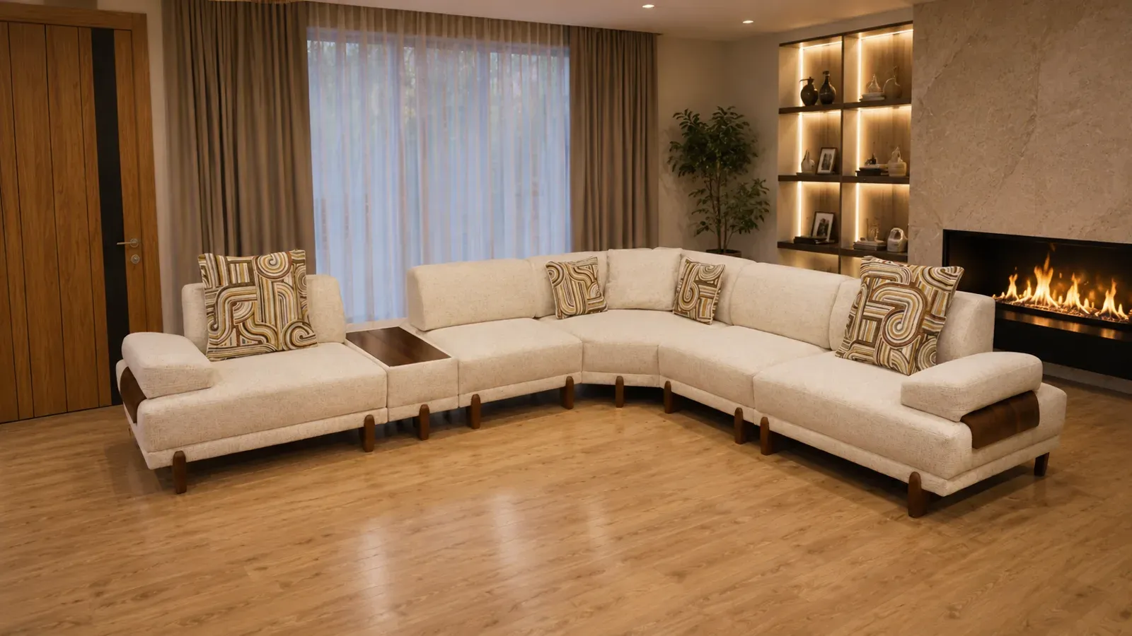Krem tonlarda köşe koltuk takımı bulunan modern salon